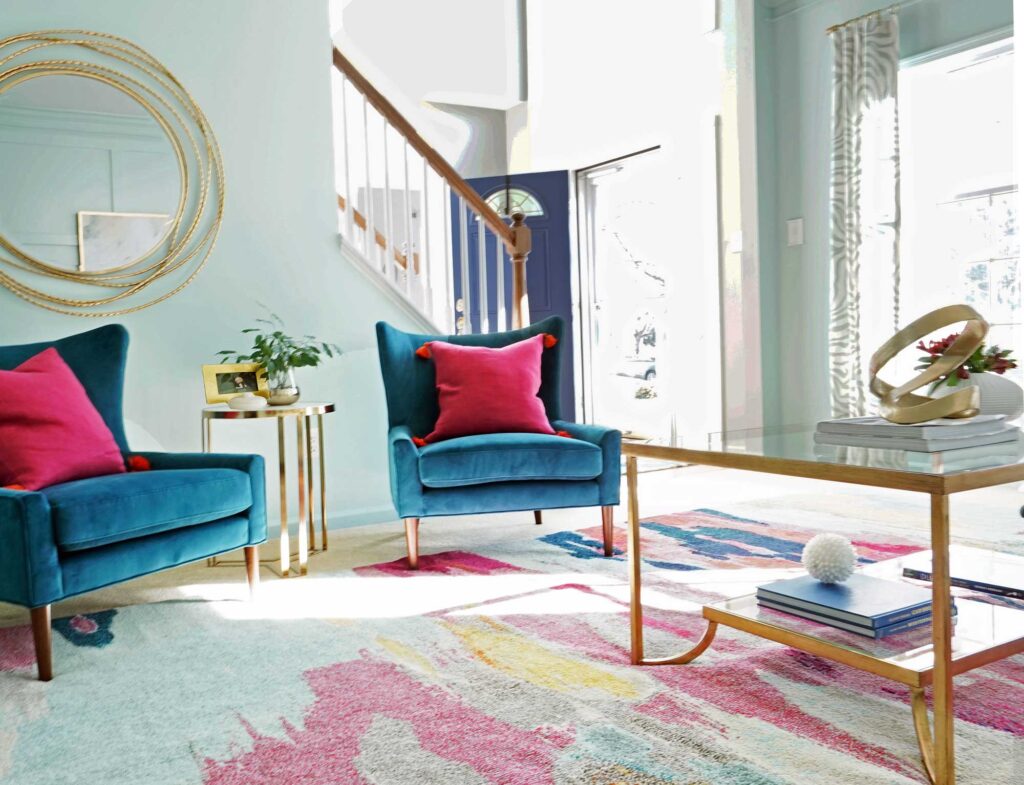 Interior design project near Chester County featuring bold accent and colorful design