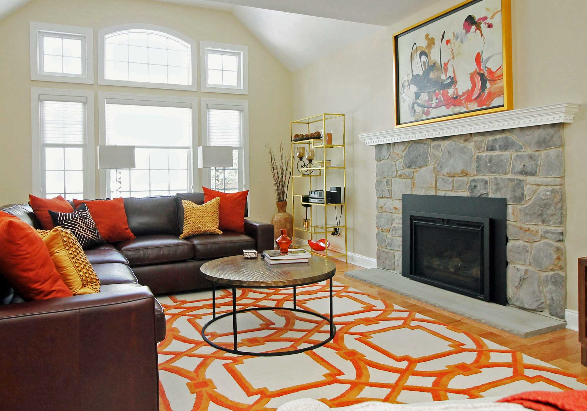 interior design project West Chester featuring warm colors and stone fireplace