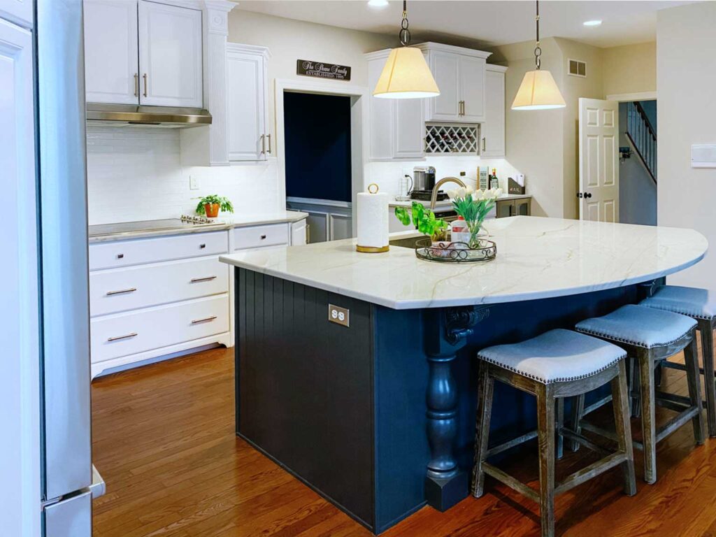 kitchen design, kitchen makeover, blue island, quartzite, wine rack, coffee center, kitchen decor