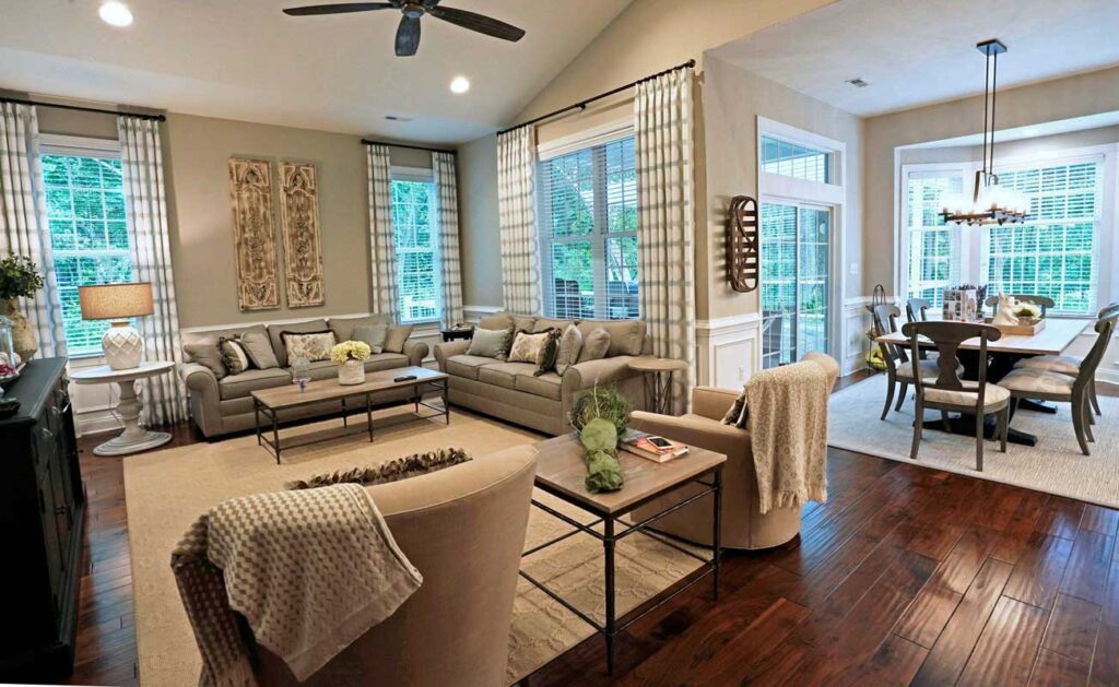Main Line Philadelphia updated traditional family room blending beige and grey furnishings