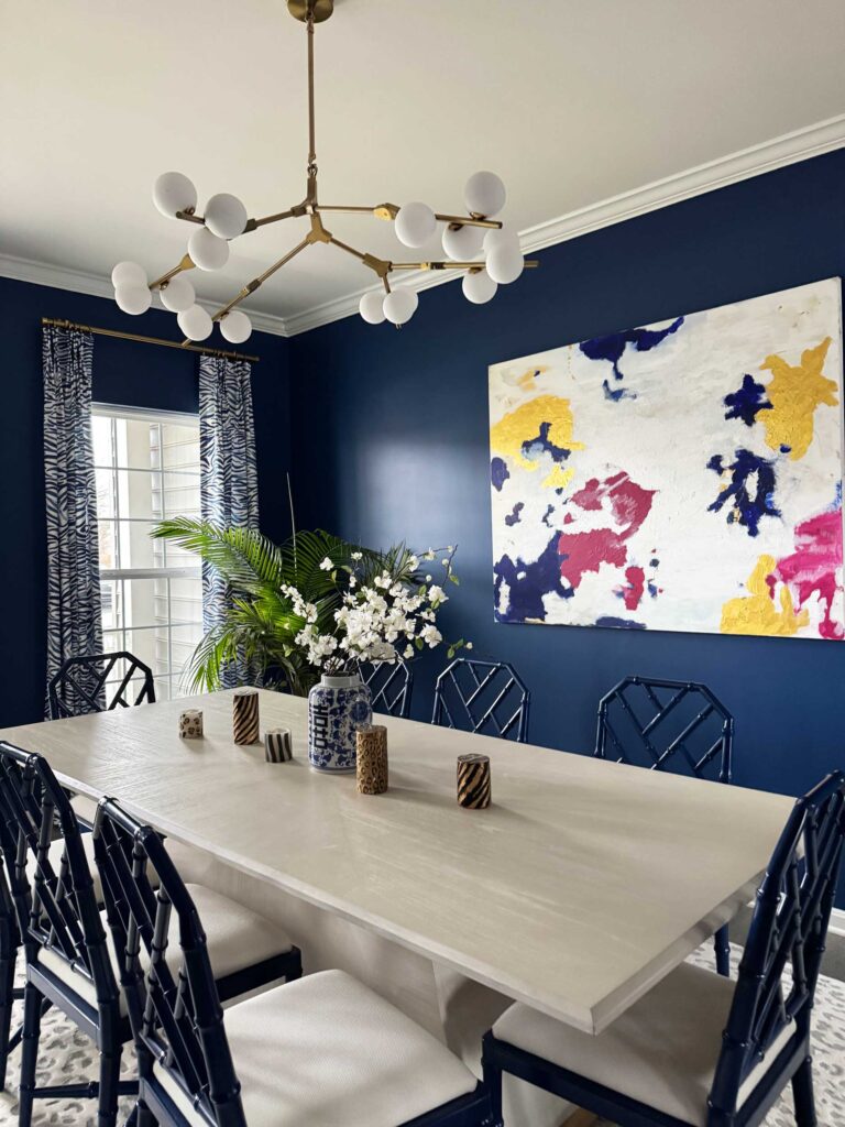 dining room design, blue walls, window treatment design, chandelier, decor