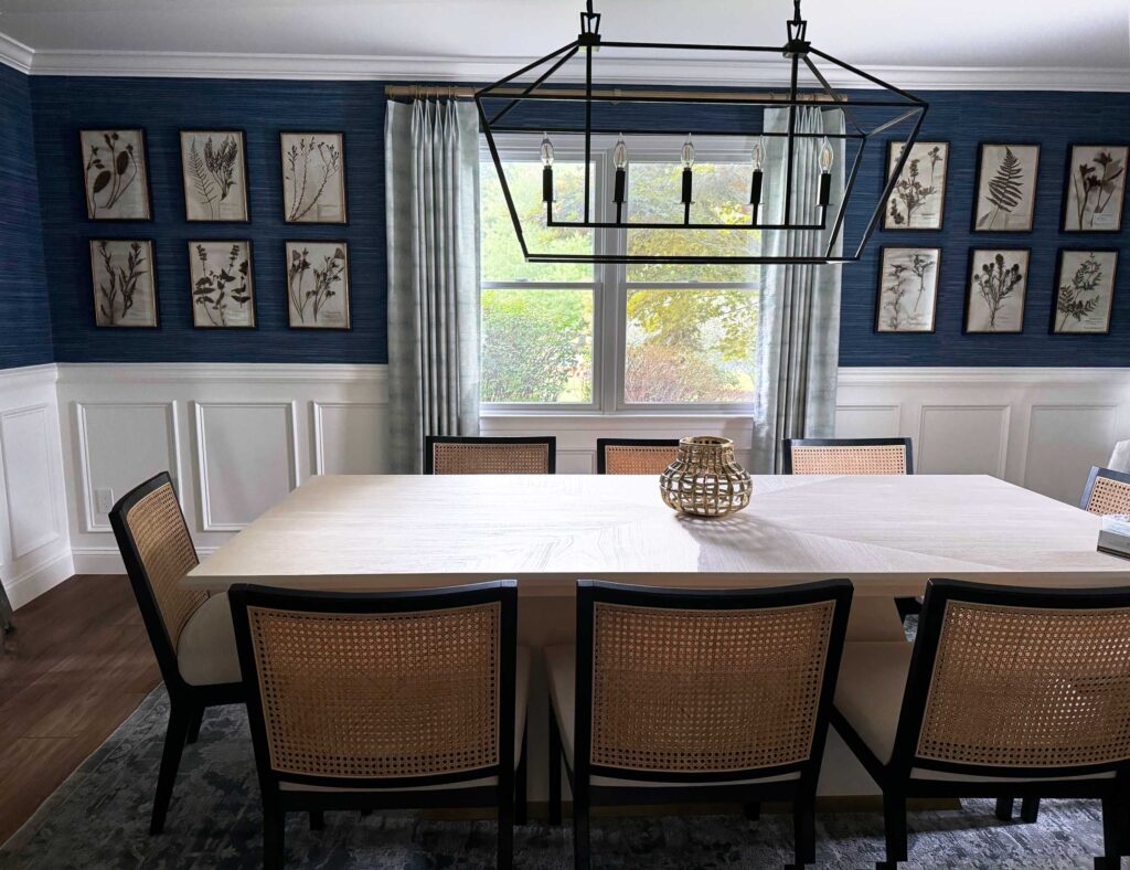 Dining room design, part of a whole house renovation in Downigtown. Wallpaper, wainscotting, furniture, custom window treatments