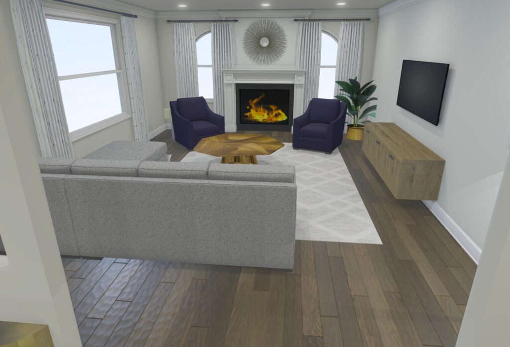 family room design plan, rendering, visualie your space, interior designer