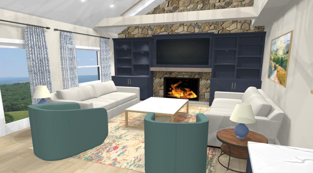 family room design, stone wall, custom built ins, stone fireplace