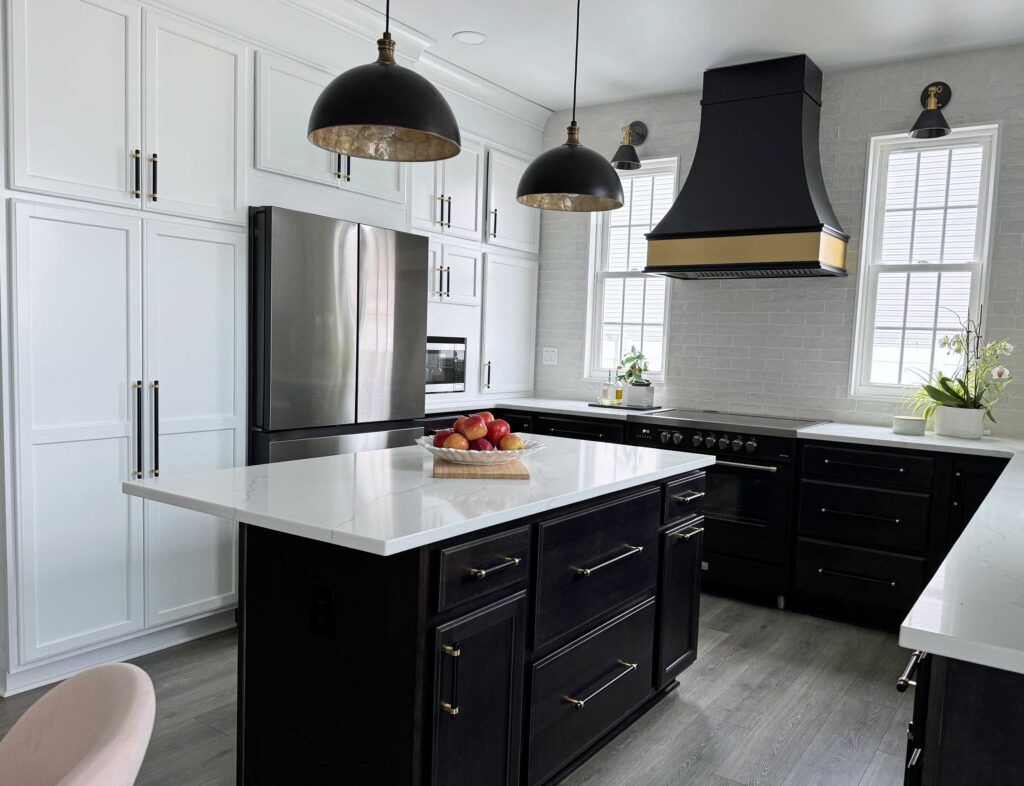 kitchen design, builtin pantry, wall of cabinets, layered lighting