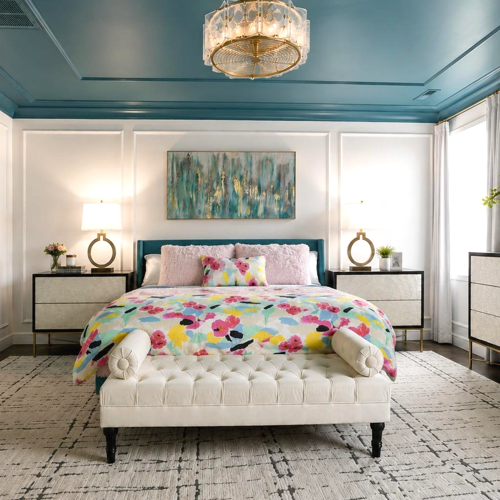 BedroomTealCeiling1_Instagram_1x1 Primary bedroom with teal ceiling, white millwork, brass accents and colorful artwork in Chester County PA