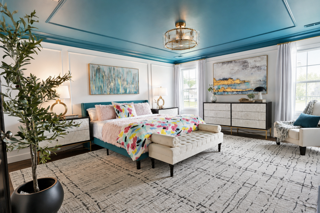 BedroomTealCeiling3 Colorful primary bedroom design with teal ceiling and crown molding, upholstered bed and brass lighting
