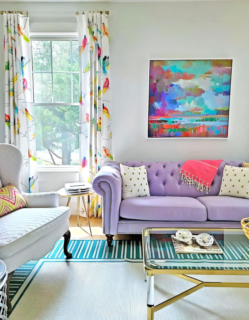 Living room design in Devon featuring bold print window treatments