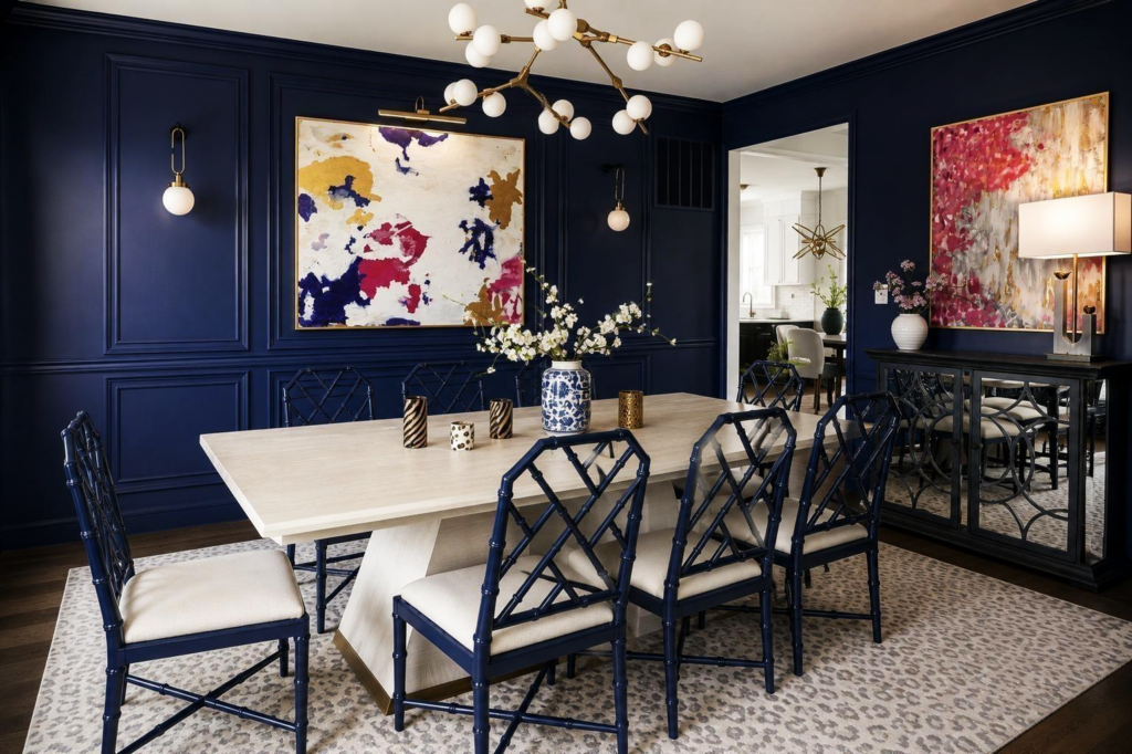 Diningroomview2 Interior design project featuring a bold navy dining room and cohesive view into the adjoining kitchen