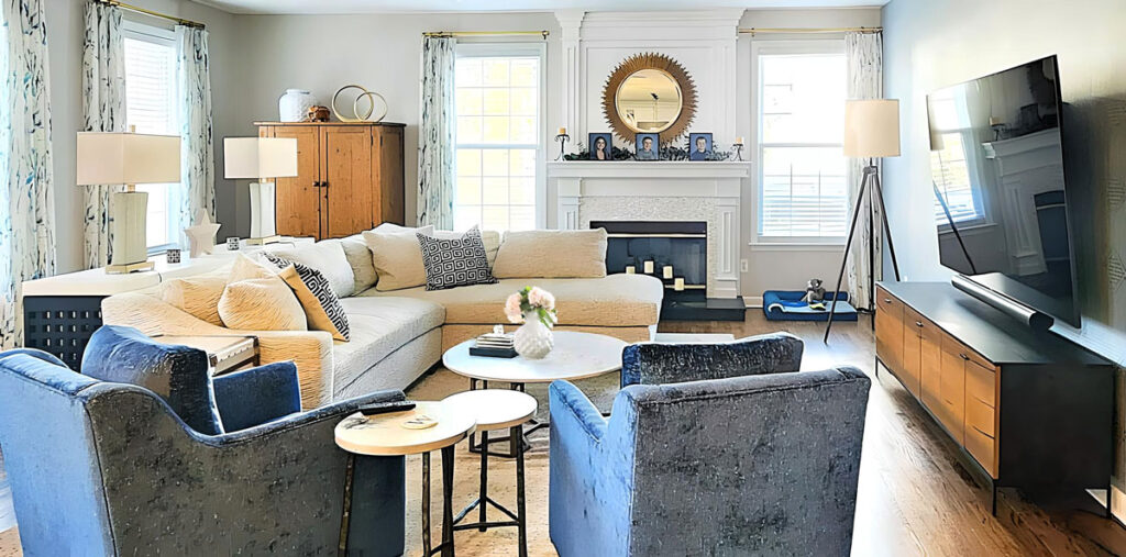 Interior Design Project featuring family room with custom moldings, window treatments and furnishings