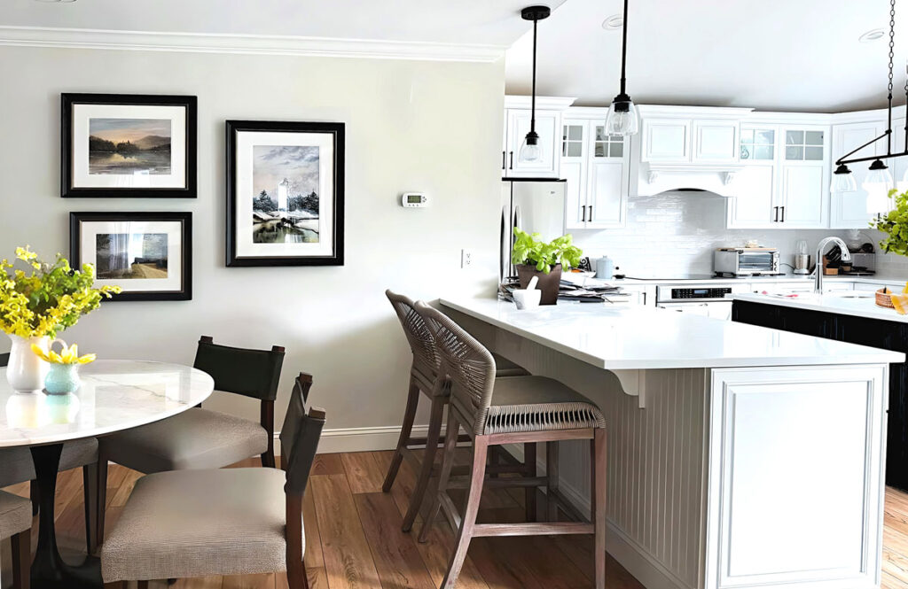 interior design project, full house renovation Downingtown featuring kitchen makeover with white cabinets, black accents, mix of textures for added interest