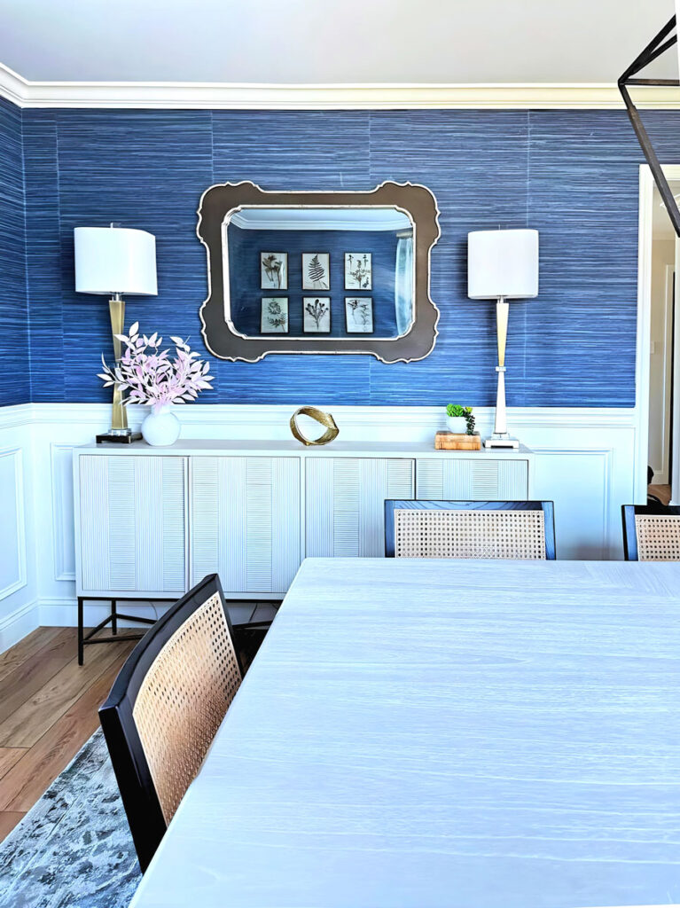 dining room design near Main Line Philadelphia with custom moldings, stunning grasscloth wallpaper