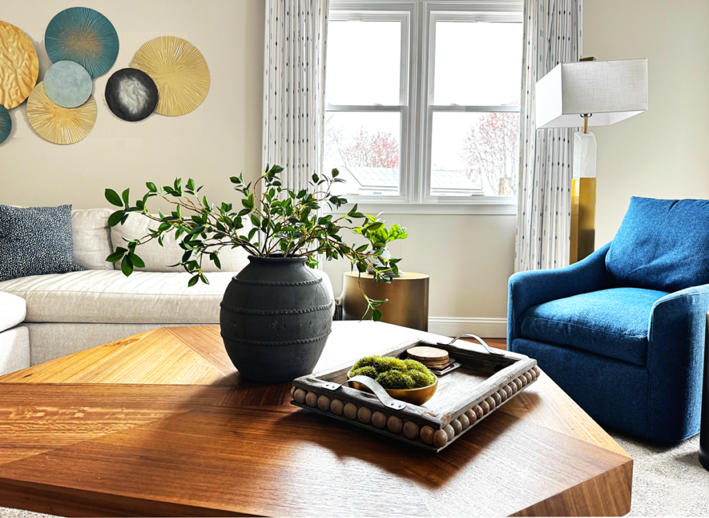 Living room interior design featuring custom window treatments, upholstery near main line philadelphia