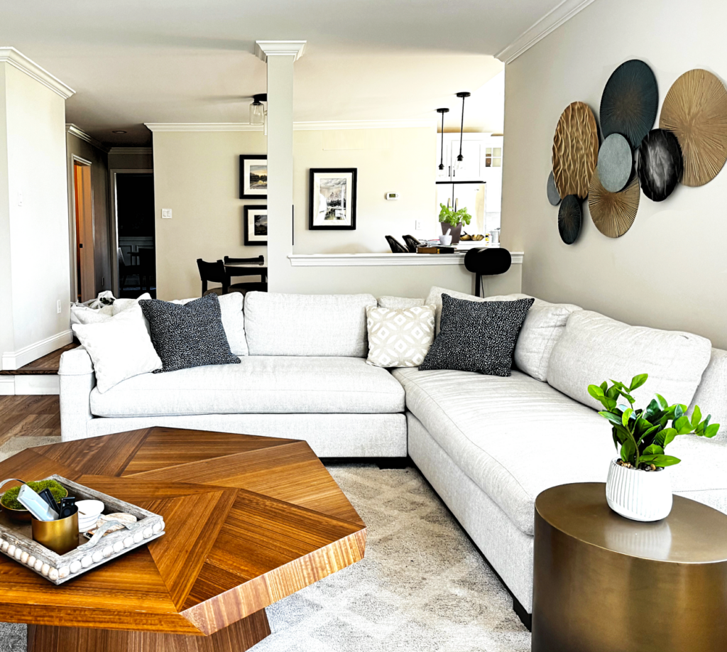 Full home interior redesign family room opened to kitchen and breakfast area near Main Line Philadelphia