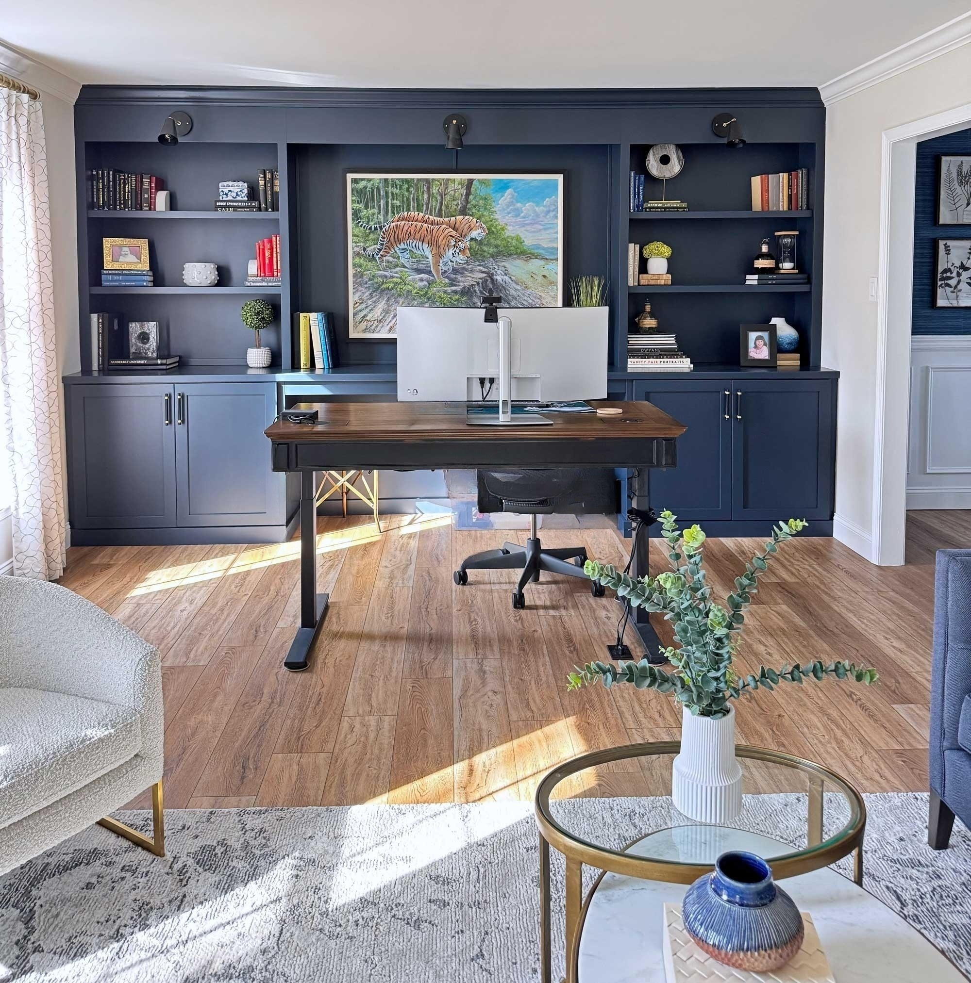 fulll home remodel  downingtown featuring custom built ins in living room doubling as home office