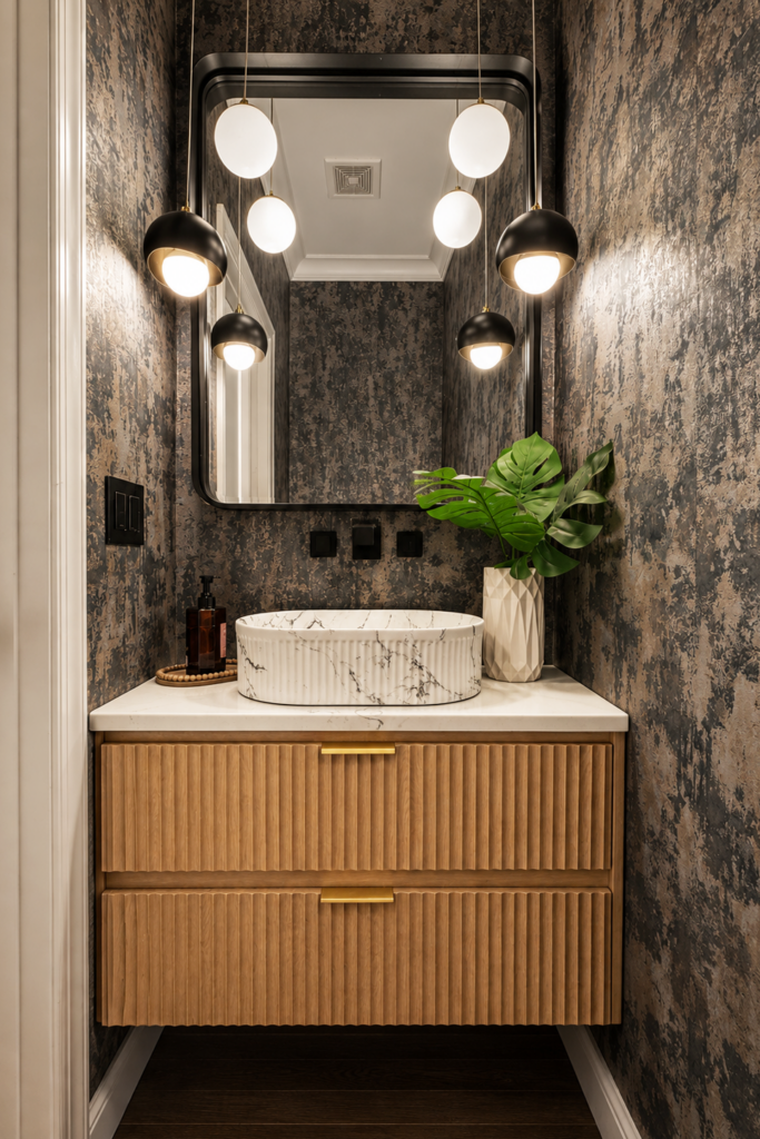 powderroom Powder room design featuring wallpaper and oak cabinetry