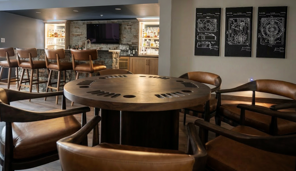Custom basement poker table area designed for game nights and entertaining