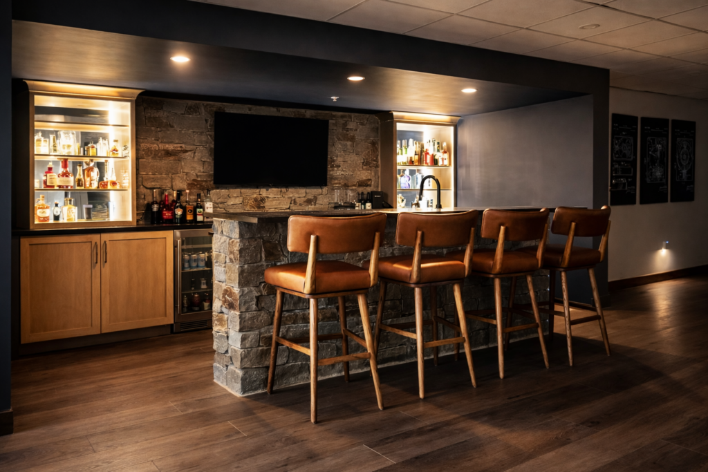 custom basement bar design with stone bar, leather stools and backlit shelving in a modern entertainment space