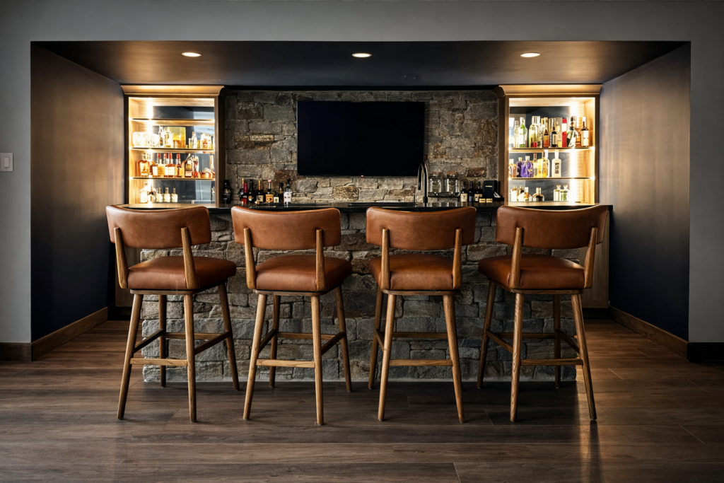 Basement design featuring a custom bar nook with stone surround, warm cognac leather stools, wood cabinetry with mirror shelves