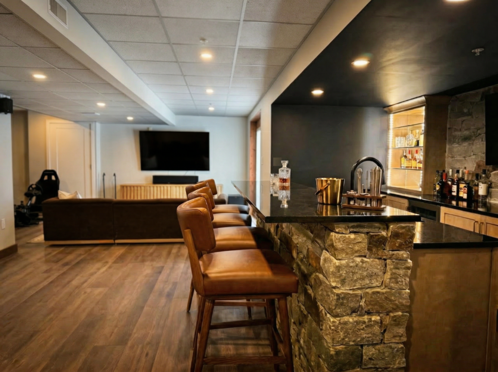 Basement family room designed for relaxing and watching sports