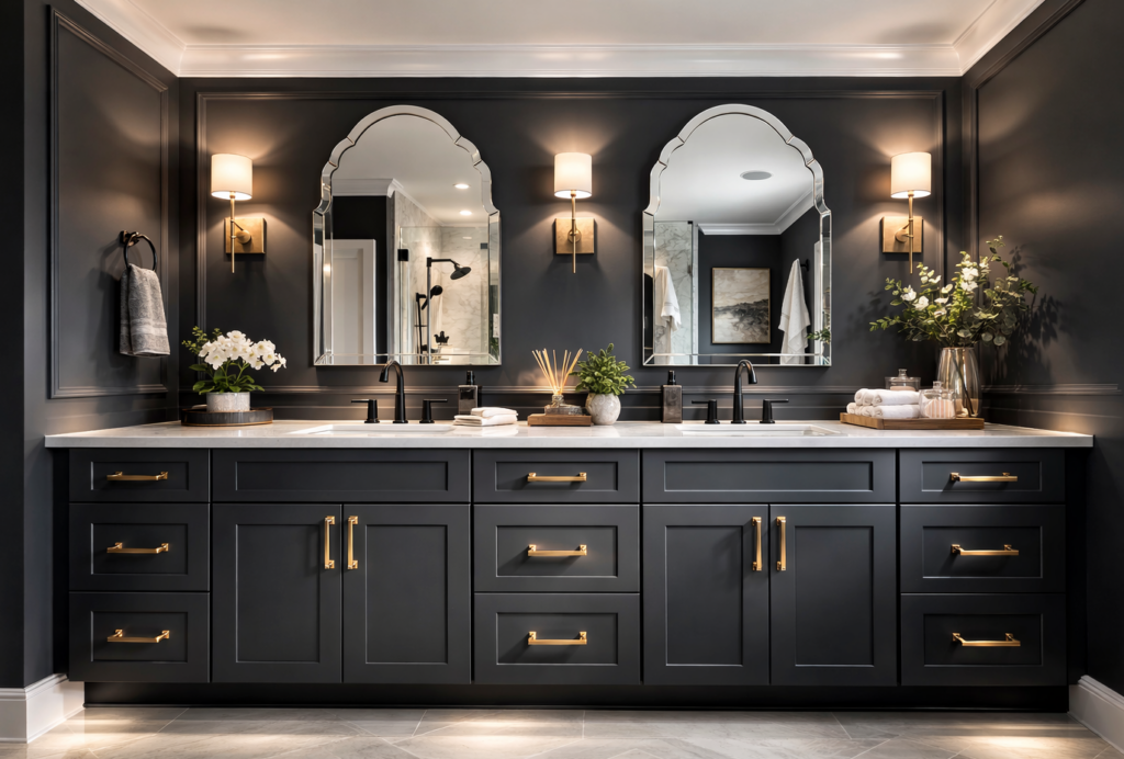 Master bathroom remodel with double vanity, dark cabinetry, and arched mirrors