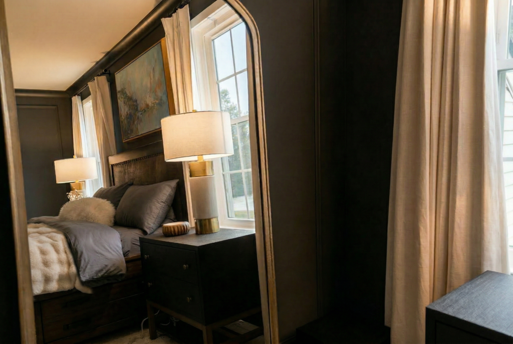 Moody bedroom design reflected in arched mirror with neutral bedding and warm lighting.