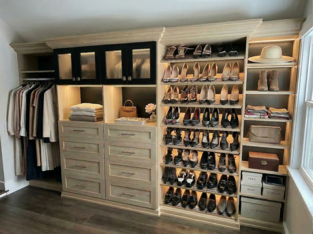 custom she storage and built in closet organization system in primary suite remodel