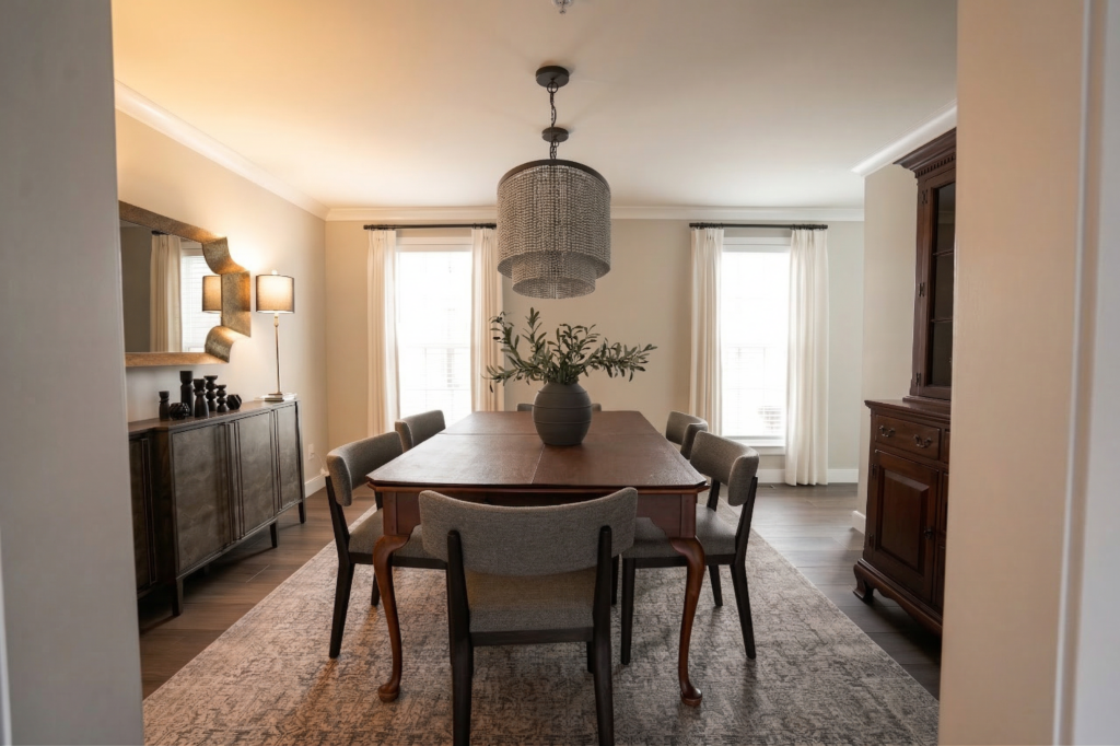 warm contemporary dining room with wood table and statement chandelier in West Chester home