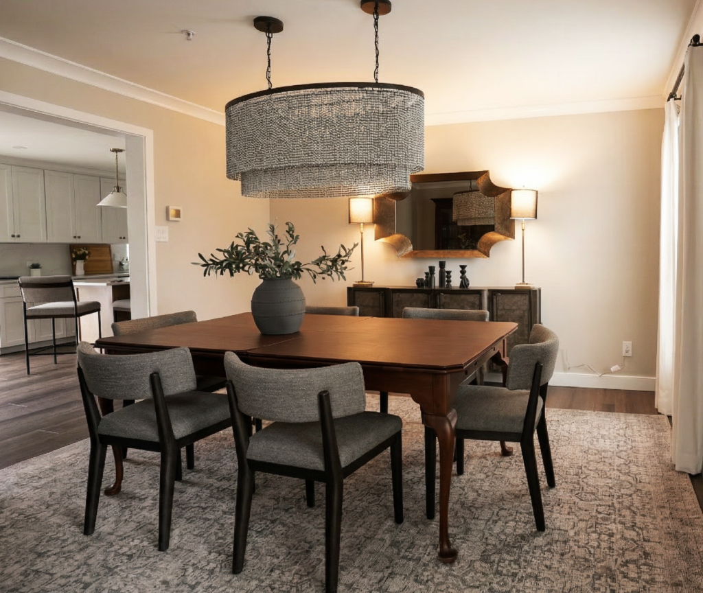 Custom dining room interior design in West Chester PA with warm contemporary style