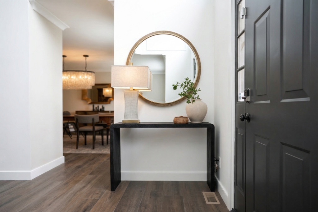 Entryway vignette with console table, round mirror and lamp leading into dining room
