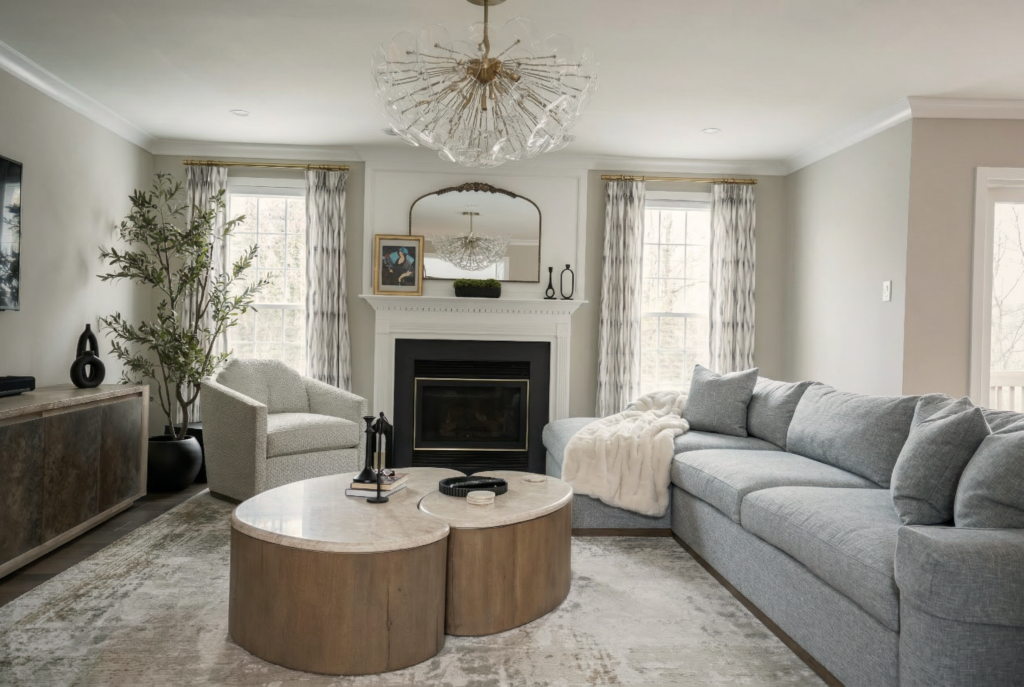Family room design with fireplace, neutral textured seating, and warm contemporary styling