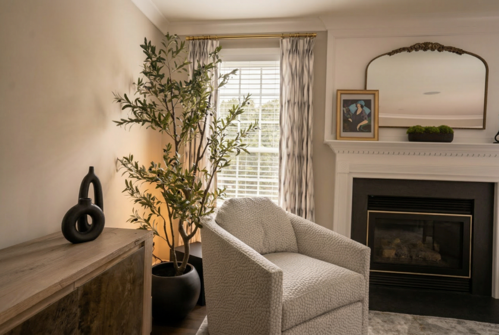 quiet sitting corner beside fireplace in a warm contemporary family room in West Chester