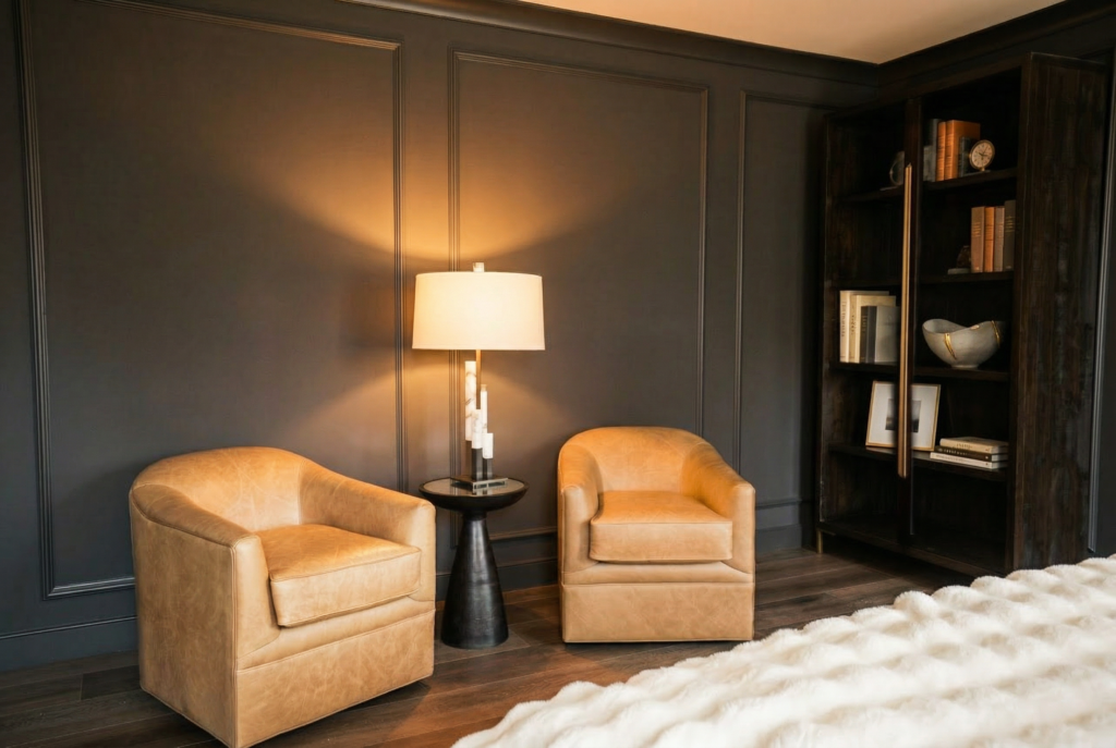 Cozy bedroom sitting area with leather chairs and custom paneled walls