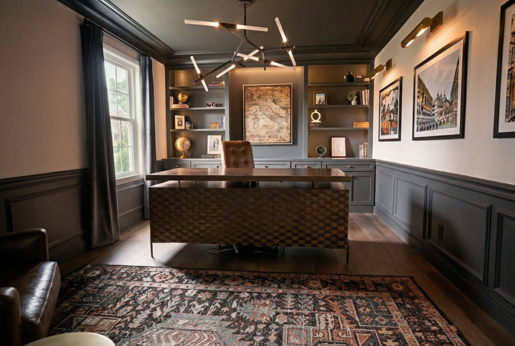 Luxury home office with dark paneled walls, custom built-in and statement lighting in Main Line PA