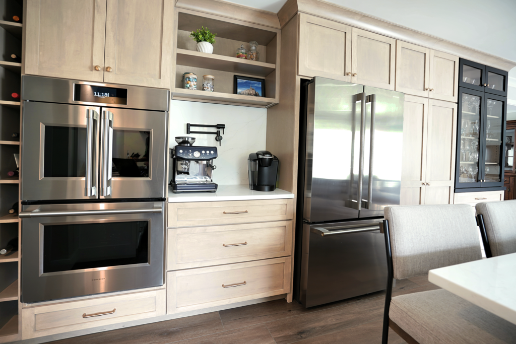 custom kitchen cabinetry with built in coffee station featuring wine cubbies in West Chester kitchen remodel