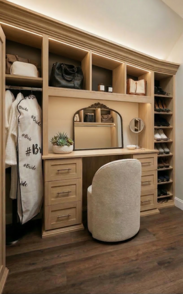 custom closet vanity with mirror, drawers and illuminated shelving in luxury primary closet design