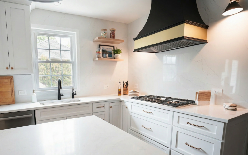 Custom kitchen design featuring full-height quartz backsplash and statement range hood.