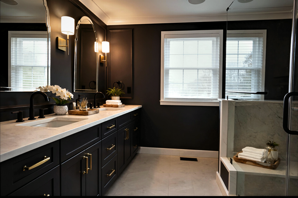 luxury moody mater bathroom with dark cabinetry and marble walk in shower
