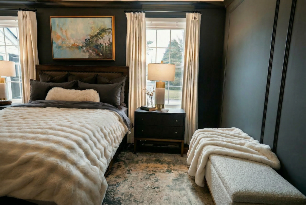 Moody primary bedroom styling with window bench and trimwork