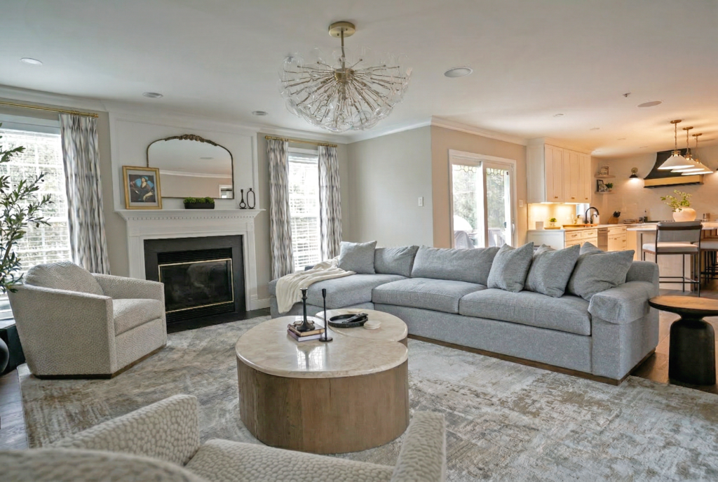 open concept living space connecting to chef's kitchen